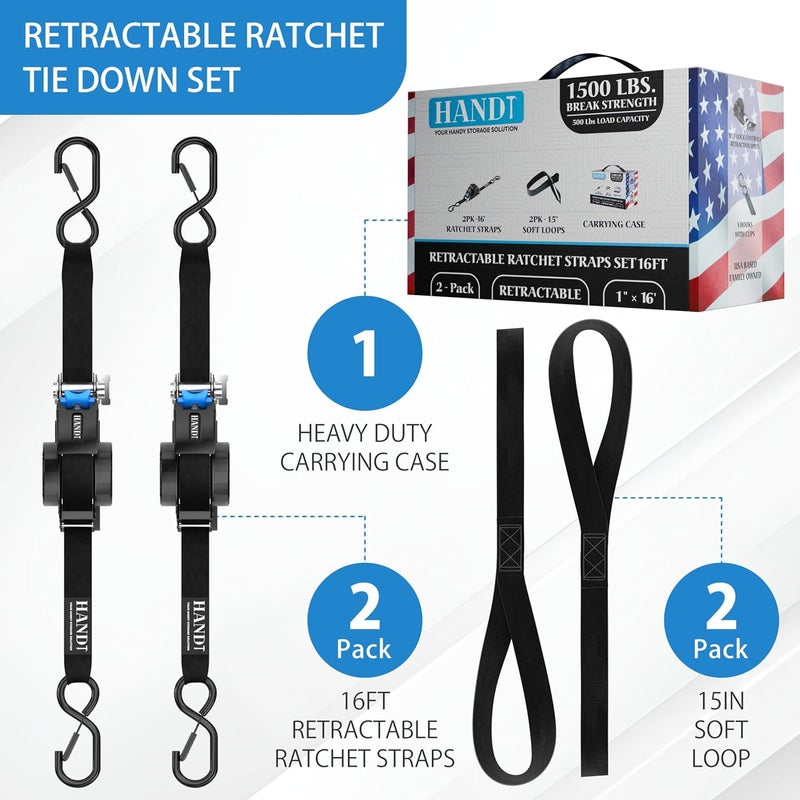 HANDT USA Based Retractable Ratchet Straps (2PK) 1in x 16ft - 1,500lb Break Strength, Heavy Duty Automatic Ratchet Straps Self Retractable Tie Down, Push Button Retracting Truck Trailer Cargo | Black - Image 5